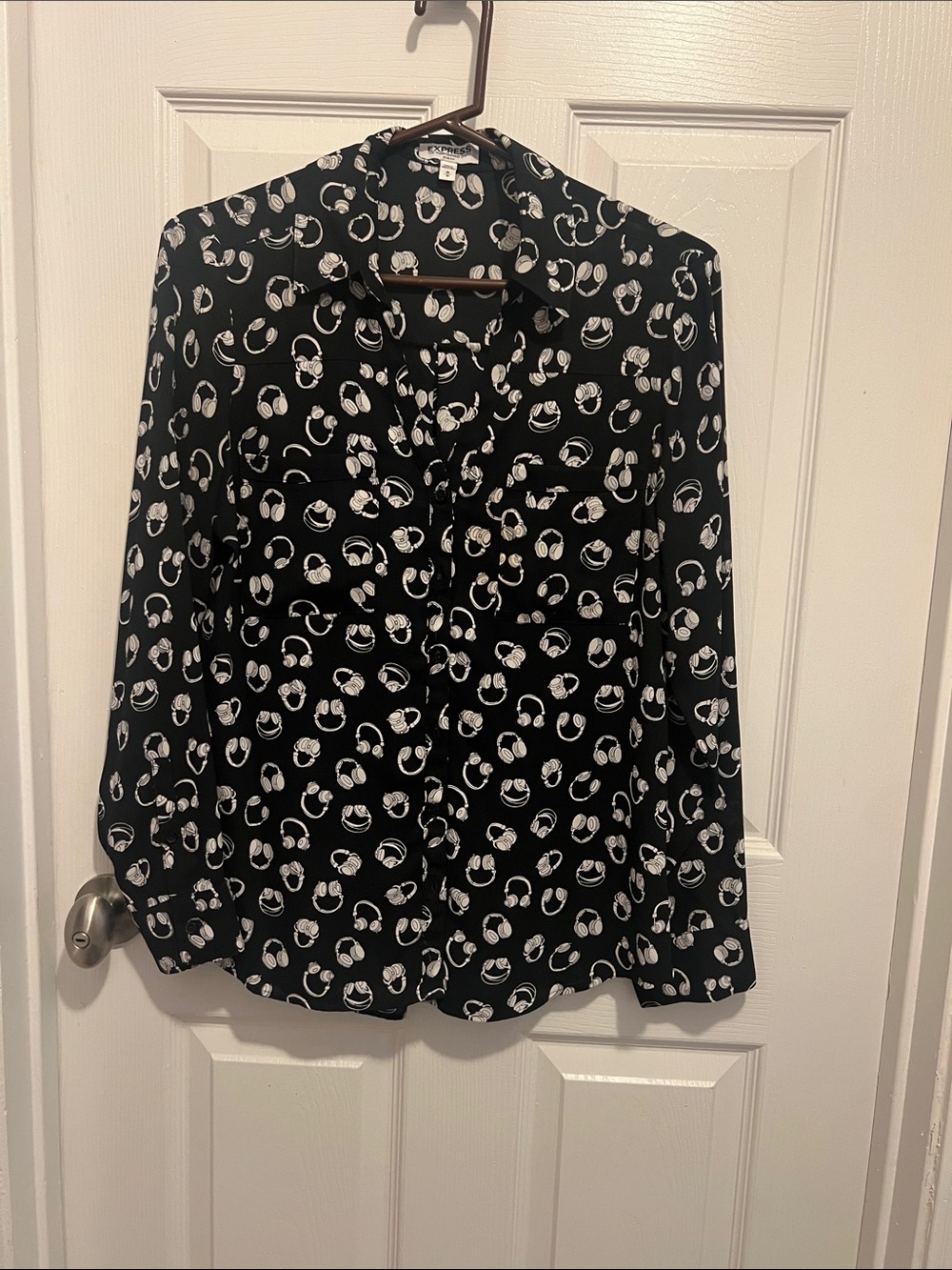 Express Black Button-Down Blouse with White Abstract Print